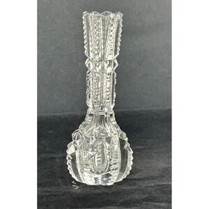 Vintage Clear Pressed Glass Bud Vase Sawtooth Rim Geometric Pattern 4.25 Inch